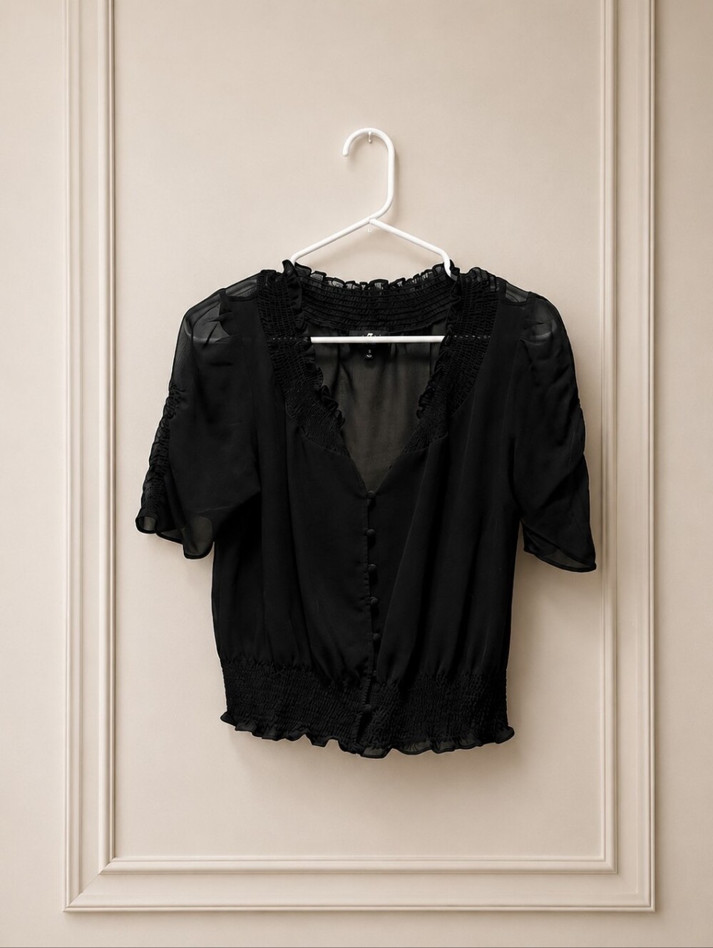 NWOT 7 For All Mankind Small Black V-Neck Button-Front Smocked-Waist Blouse